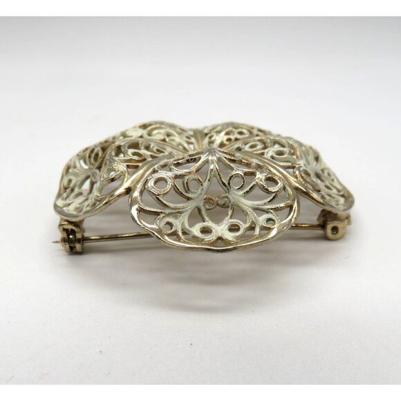 Vintage Flower Brooch 2" White Washed Filigree Gold Tone Metal Domed Petals - Picture 5 of 12
